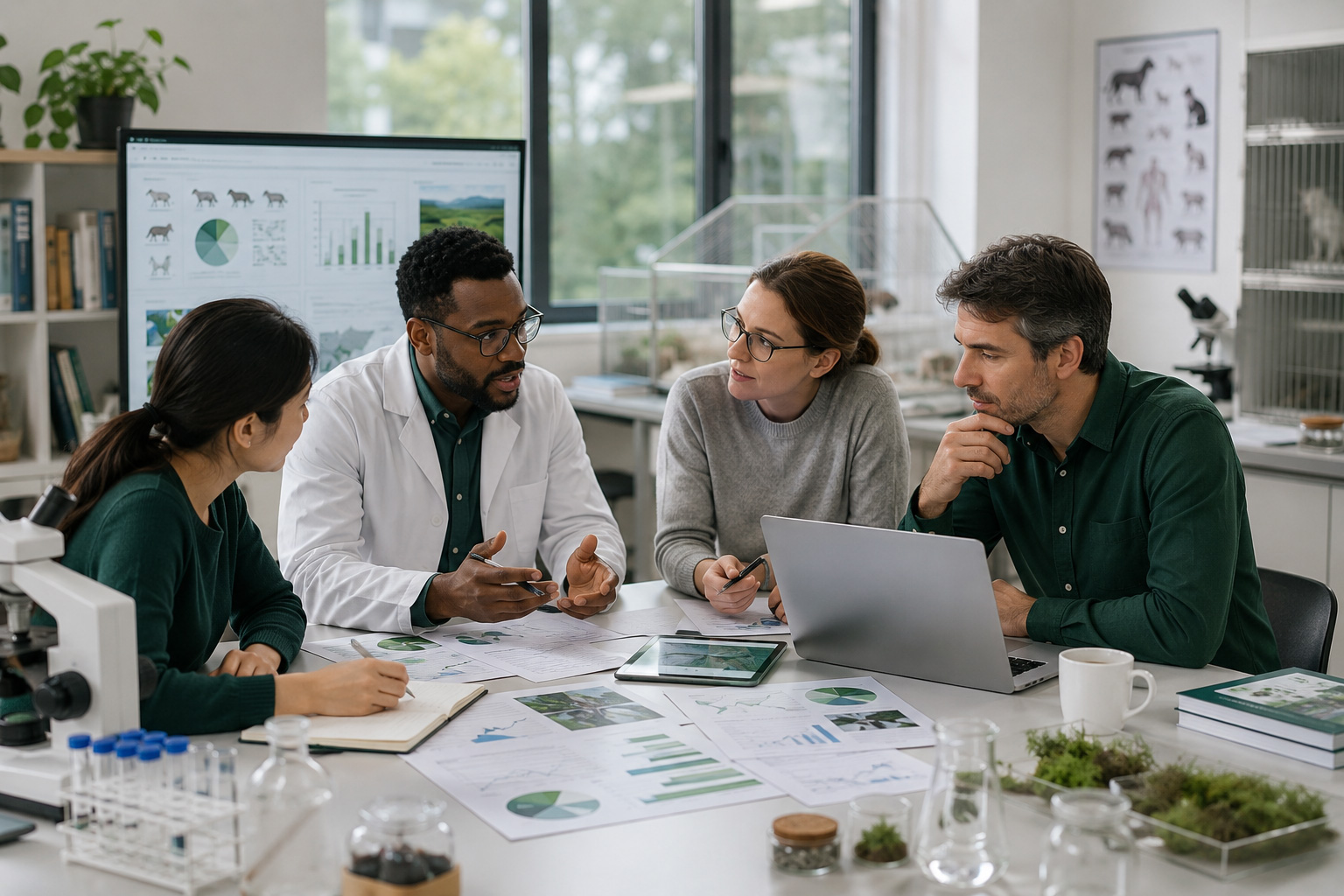 Researchers and collaborators reviewing project documents and scientific materials in a shared workspace.