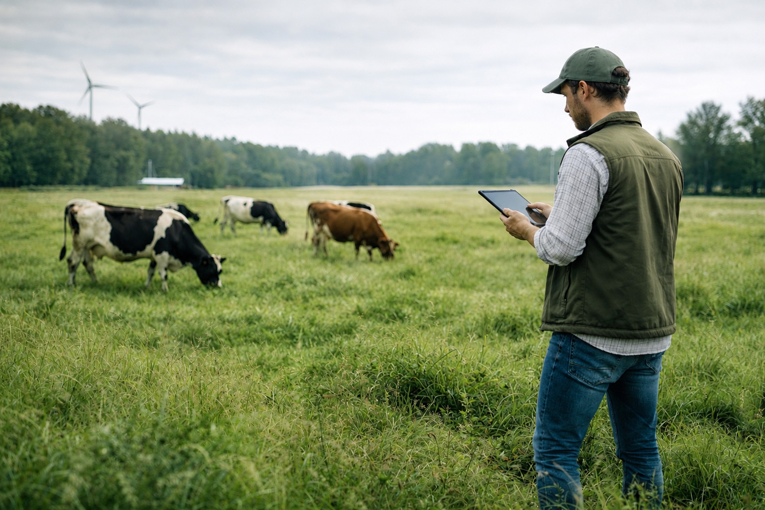 Farmer using a tablet to monitor cattle grazing near wind turbines.