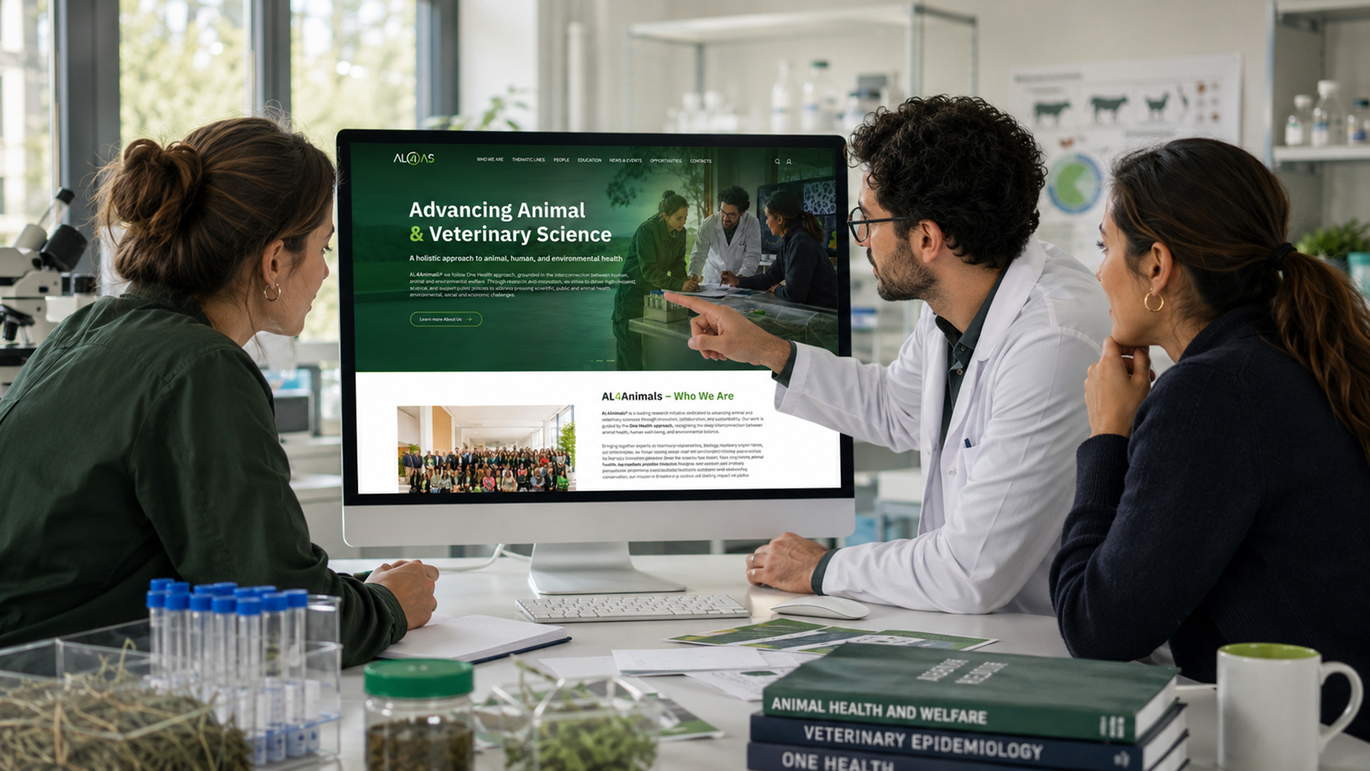 AL4AnimalS team reviewing the newly launched institutional website on a desktop monitor in a research workspace.