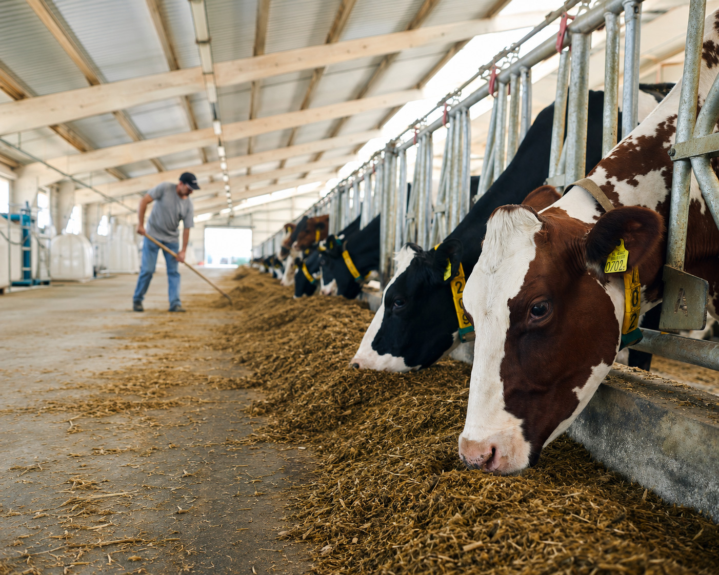 Dairy cattle feeding in a barn while a farmer manages the livestock production area.