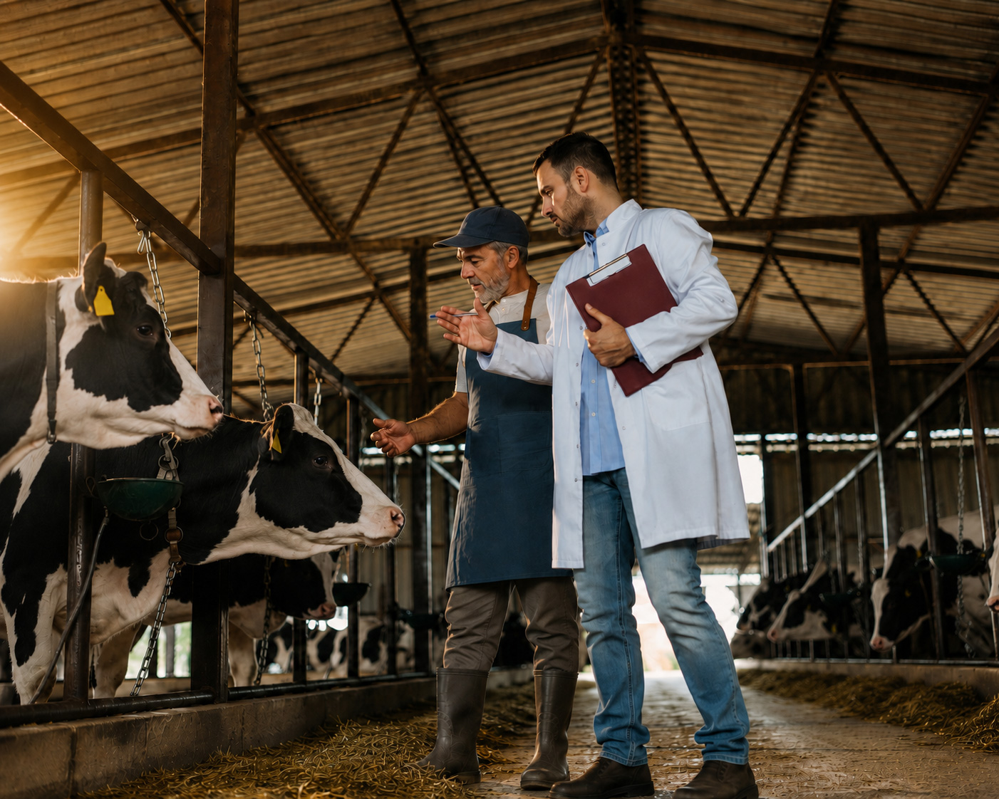Portuguese dairy farmer and animal-science professional assessing Holstein cattle in a dairy barn