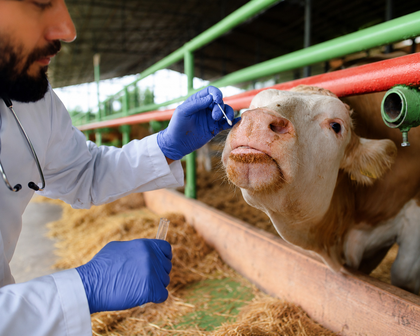 Veterinarian collecting a sample from cattle in a farm setting for infectious disease research.
