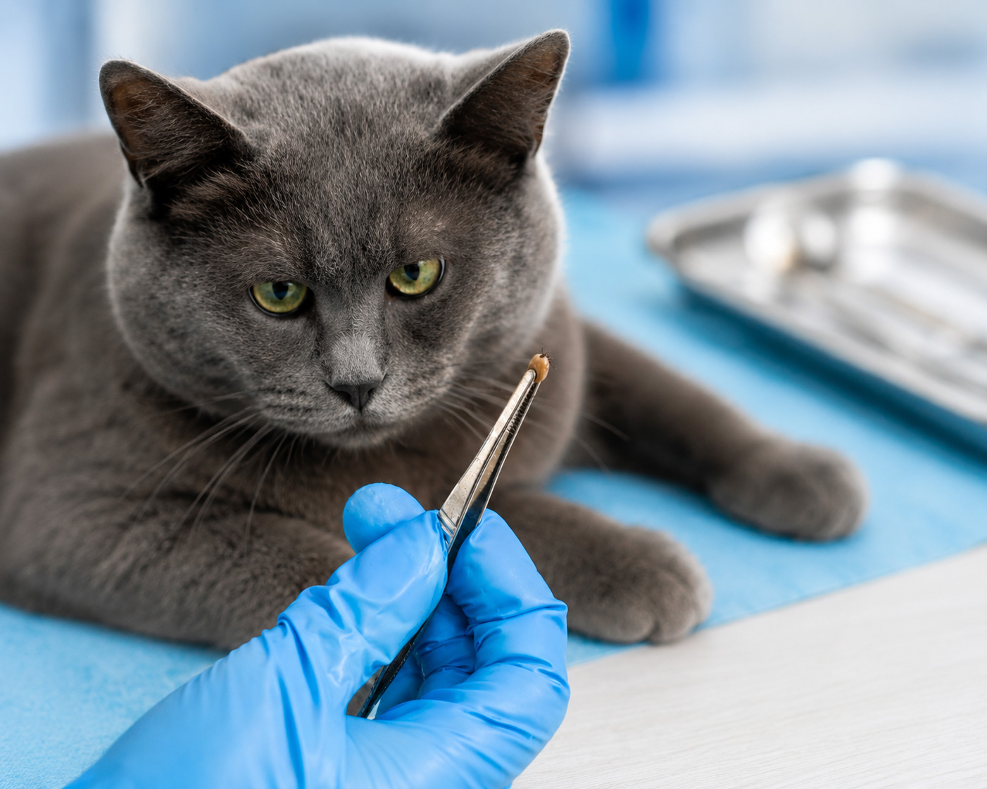 Veterinary diagnostic procedure showing a tick removed from a cat in a clinical setting.
