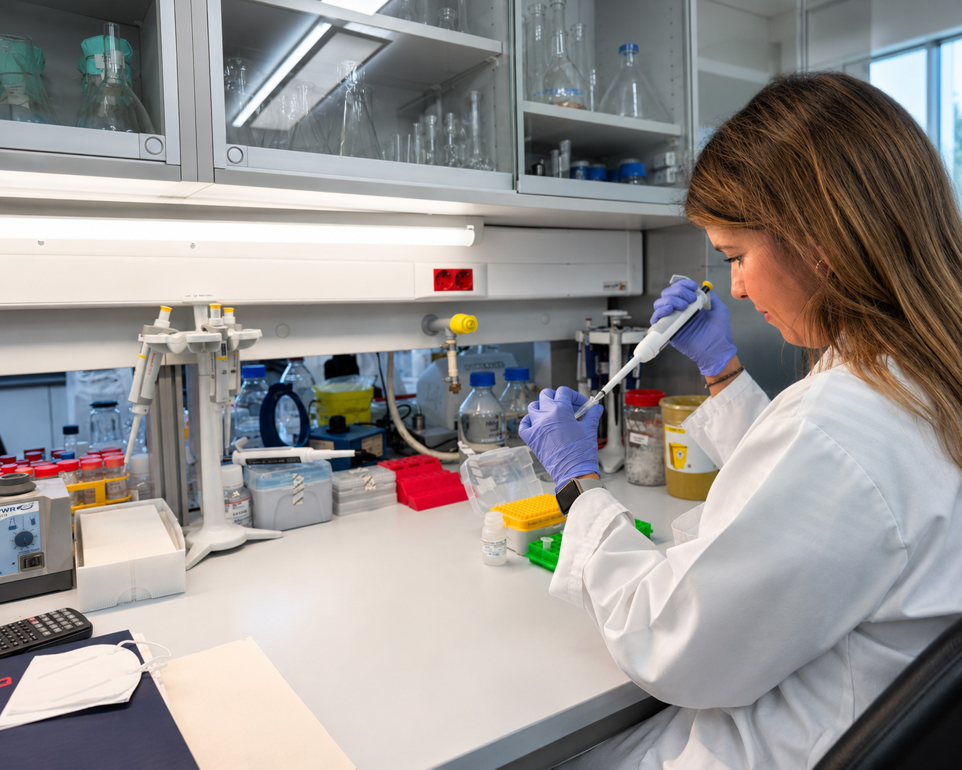 Researcher preparing biological samples at a biotechnology laboratory workstation.