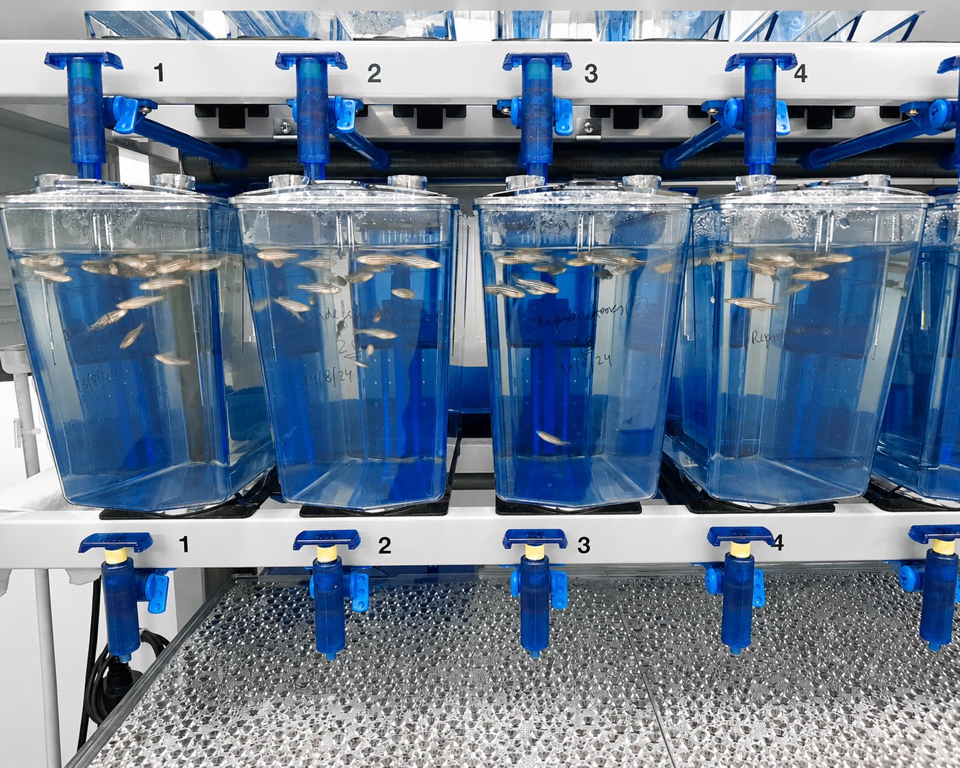 Zebrafish research tanks used in comparative and translational biomedical studies.