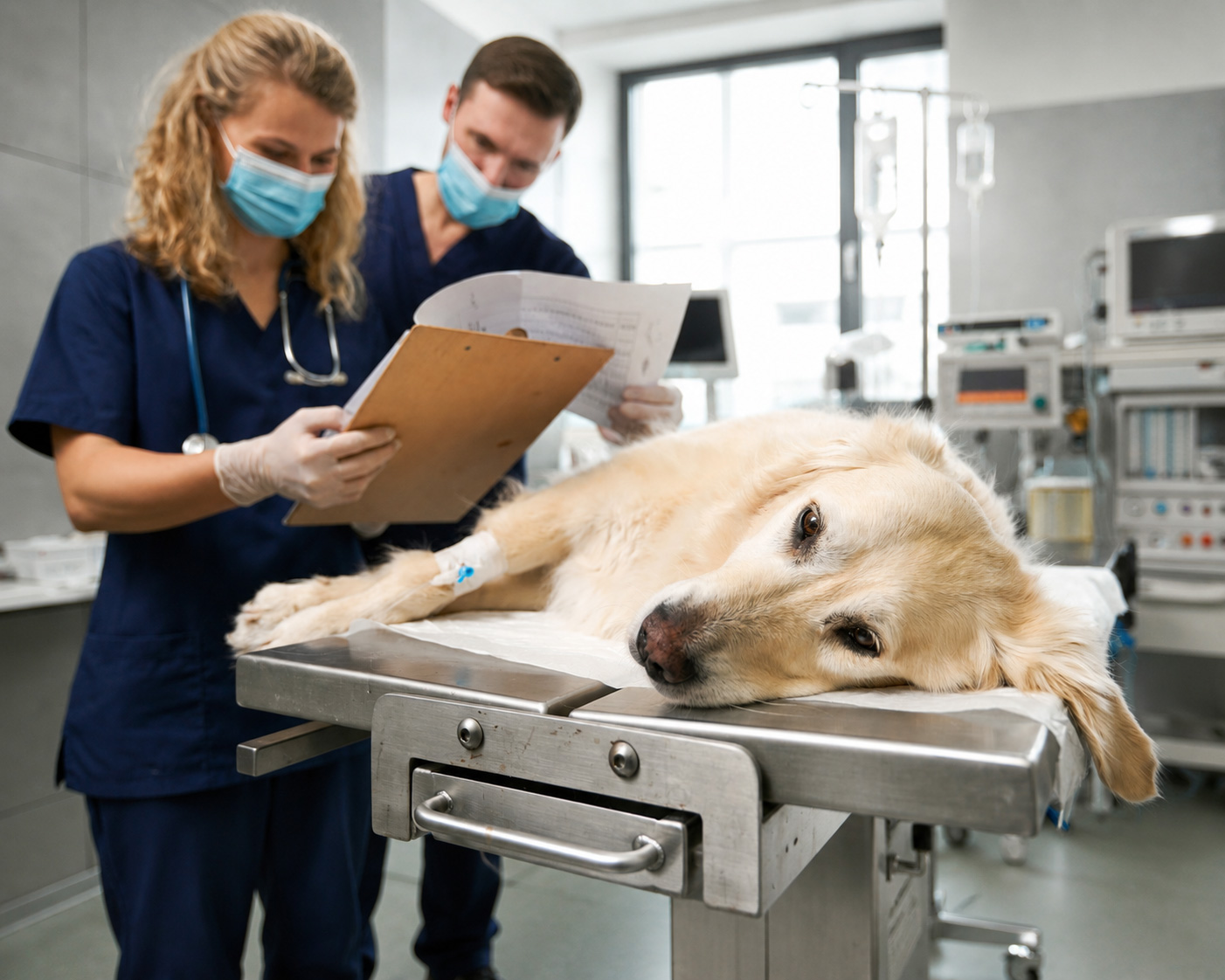 Veterinary professionals reviewing a clinical case while caring for a dog at a teaching hospital.