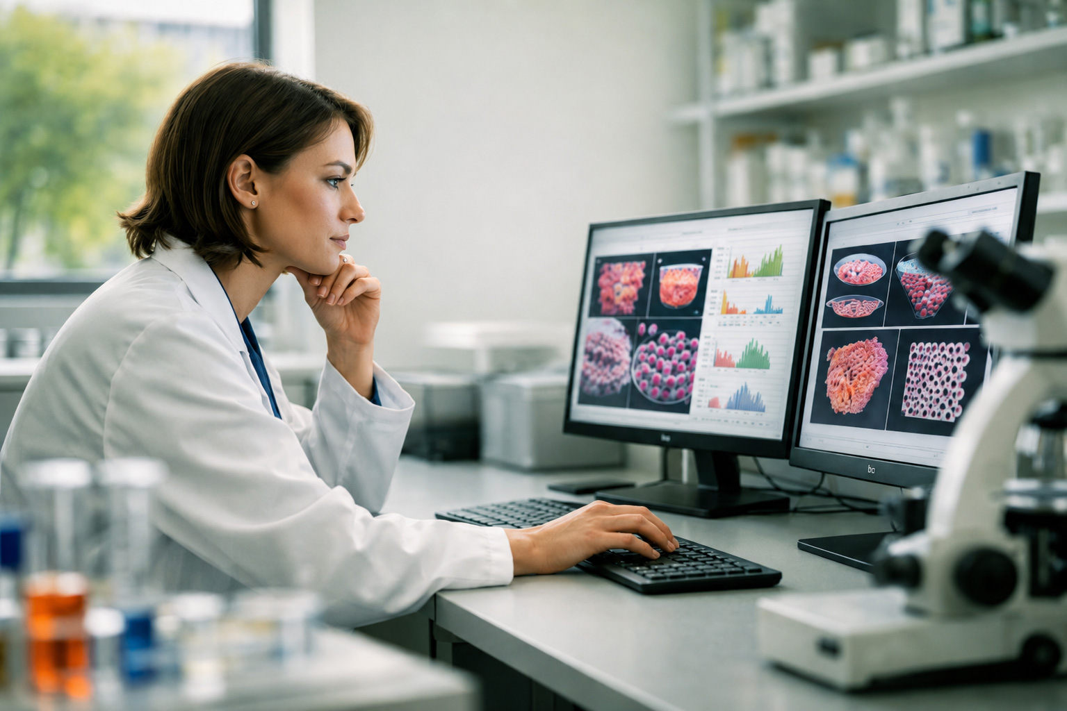 Biomedical researcher analysing tissue images and scientific data on laboratory monitors.