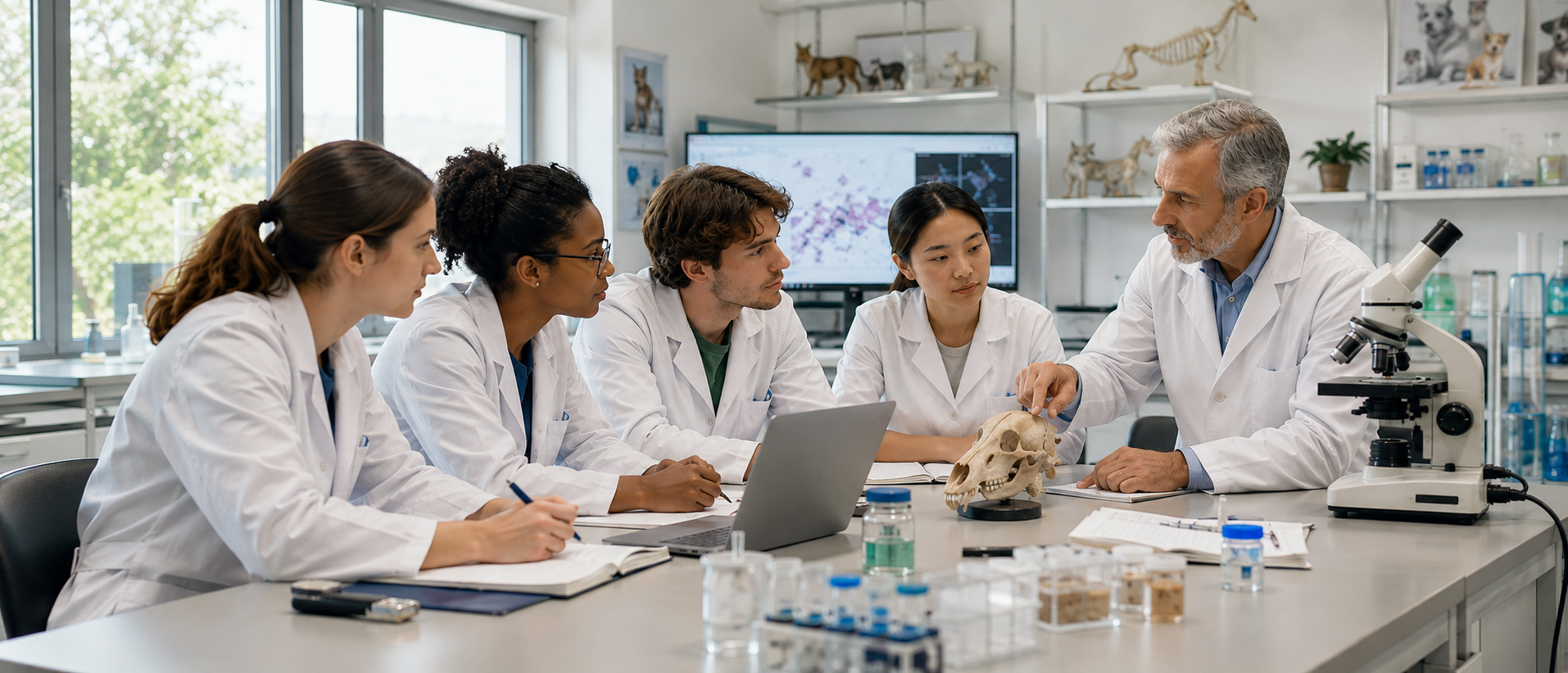 Students and researchers collaborating around a microscope and animal anatomy model in a veterinary science laboratory.