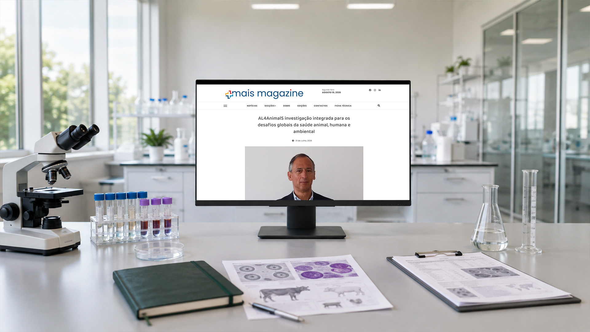 Mais Magazine feature about AL4AnimalS displayed on a monitor in an animal and veterinary science research laboratory.